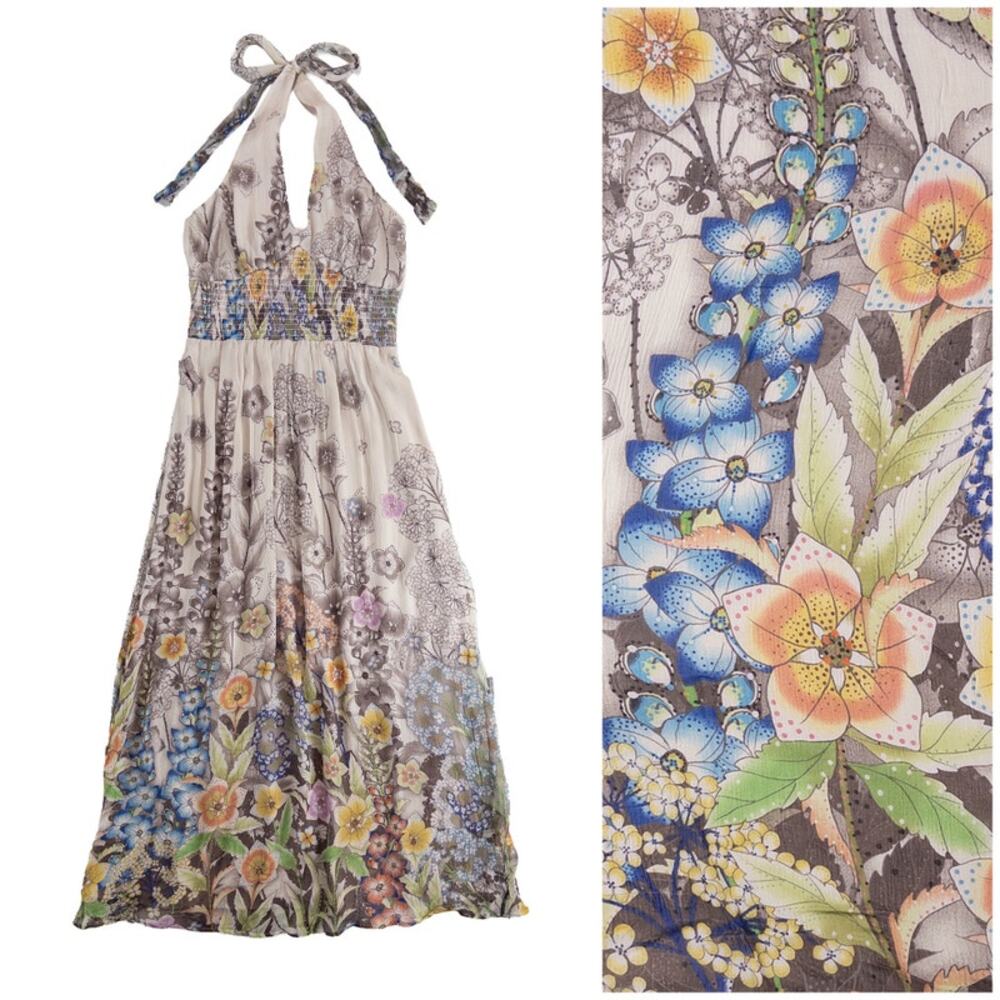 Warehouse 100% Silk Floral Maxi Dress Women M Halter Boho Garden Wedding Summer
